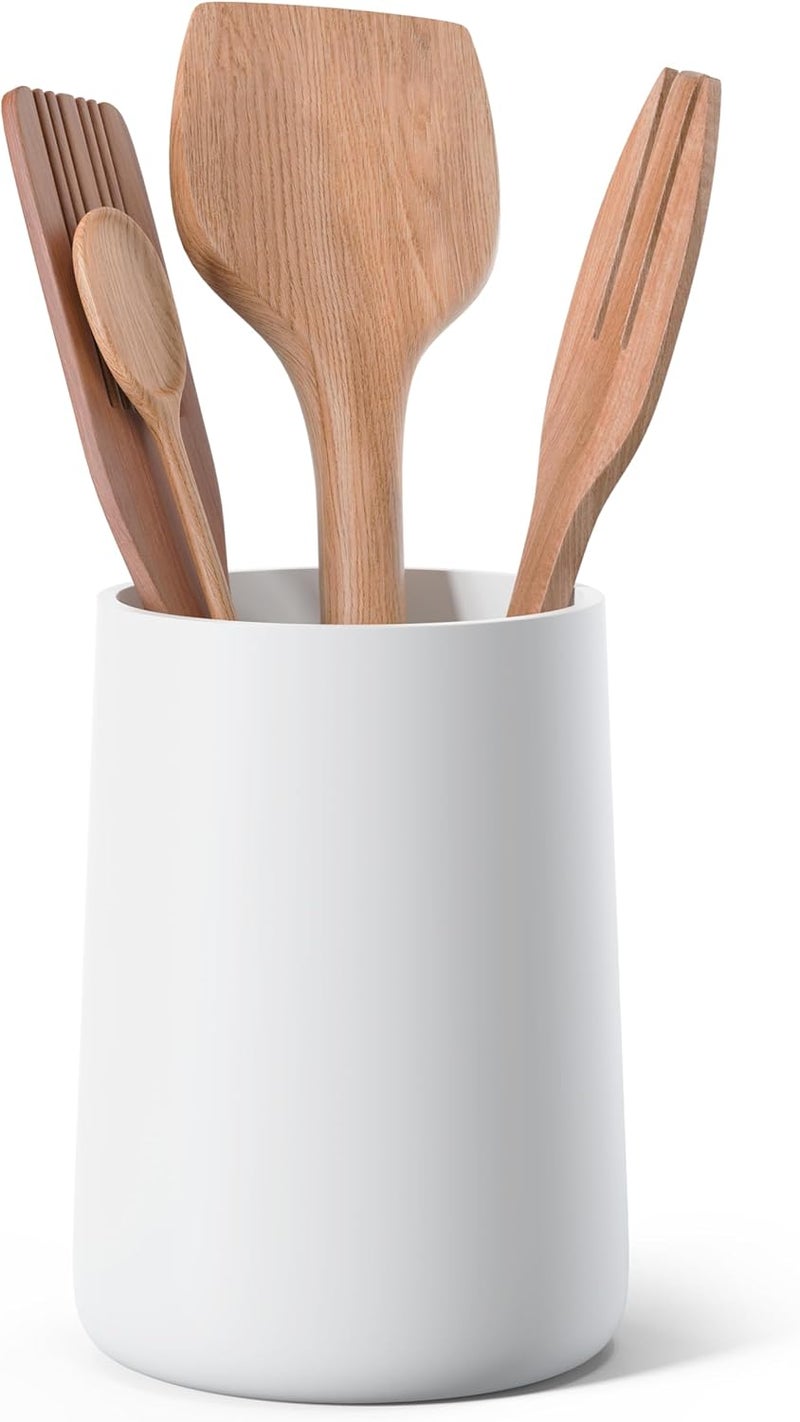 IVE Design حامل أدوات المطبخ – 7" ارتفاع × 5.2" قطر منظم أدوات المطبخ لسطح العمل (أبيض غير لامع، عبوة واحدة) - Image 1
